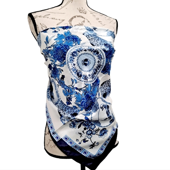 💖 2/$30 Satin Floral Nautical White Blue neck hair head bandana square scarf - Picture 10 of 13